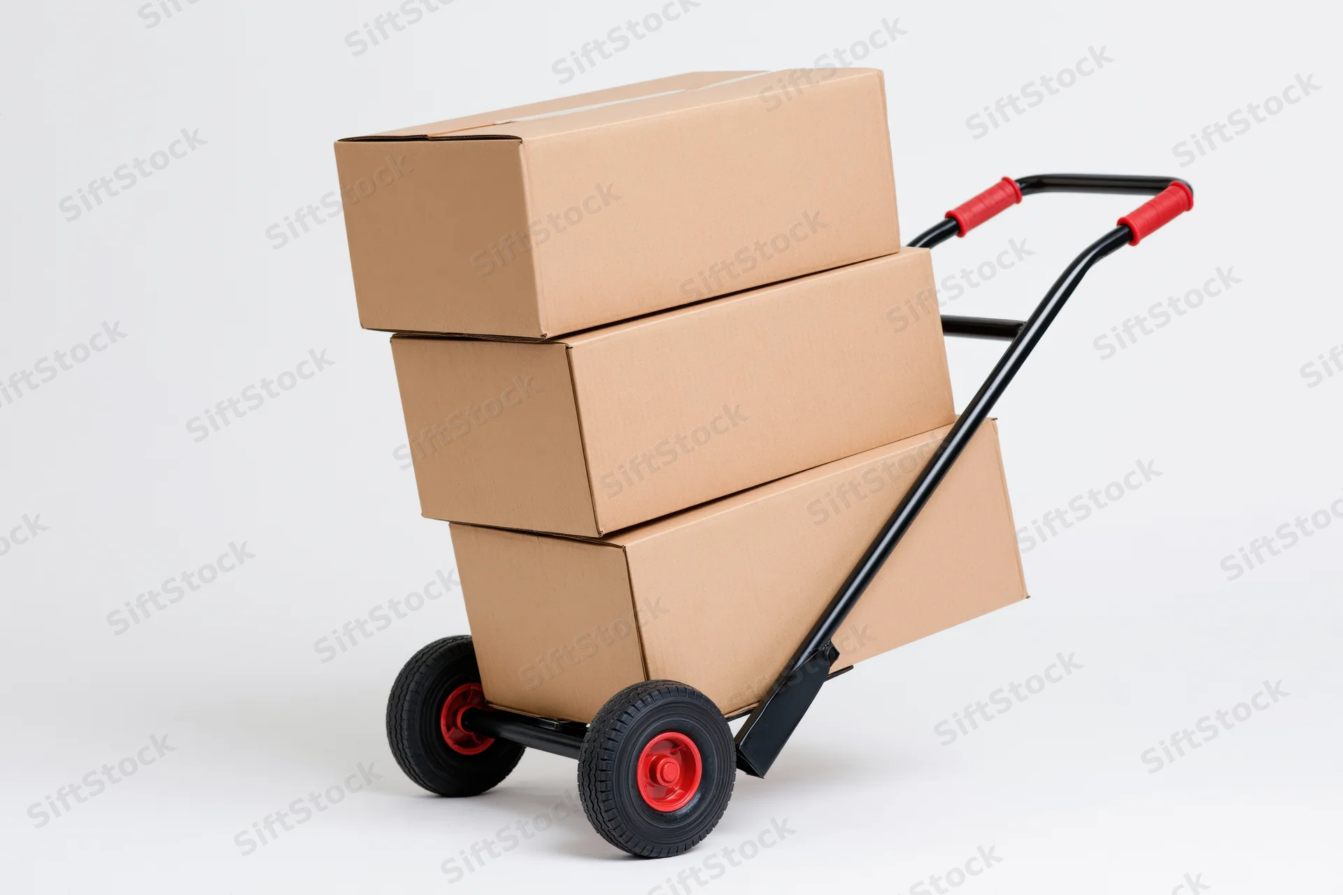 Black metal hand truck dolly loaded with three stacked cardboard boxes on white background