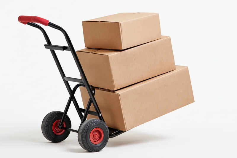 Black metal hand truck loaded with three stacked cardboard boxes on white background