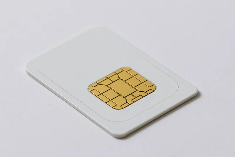White sim card with gold contact chip photographed on plain surface