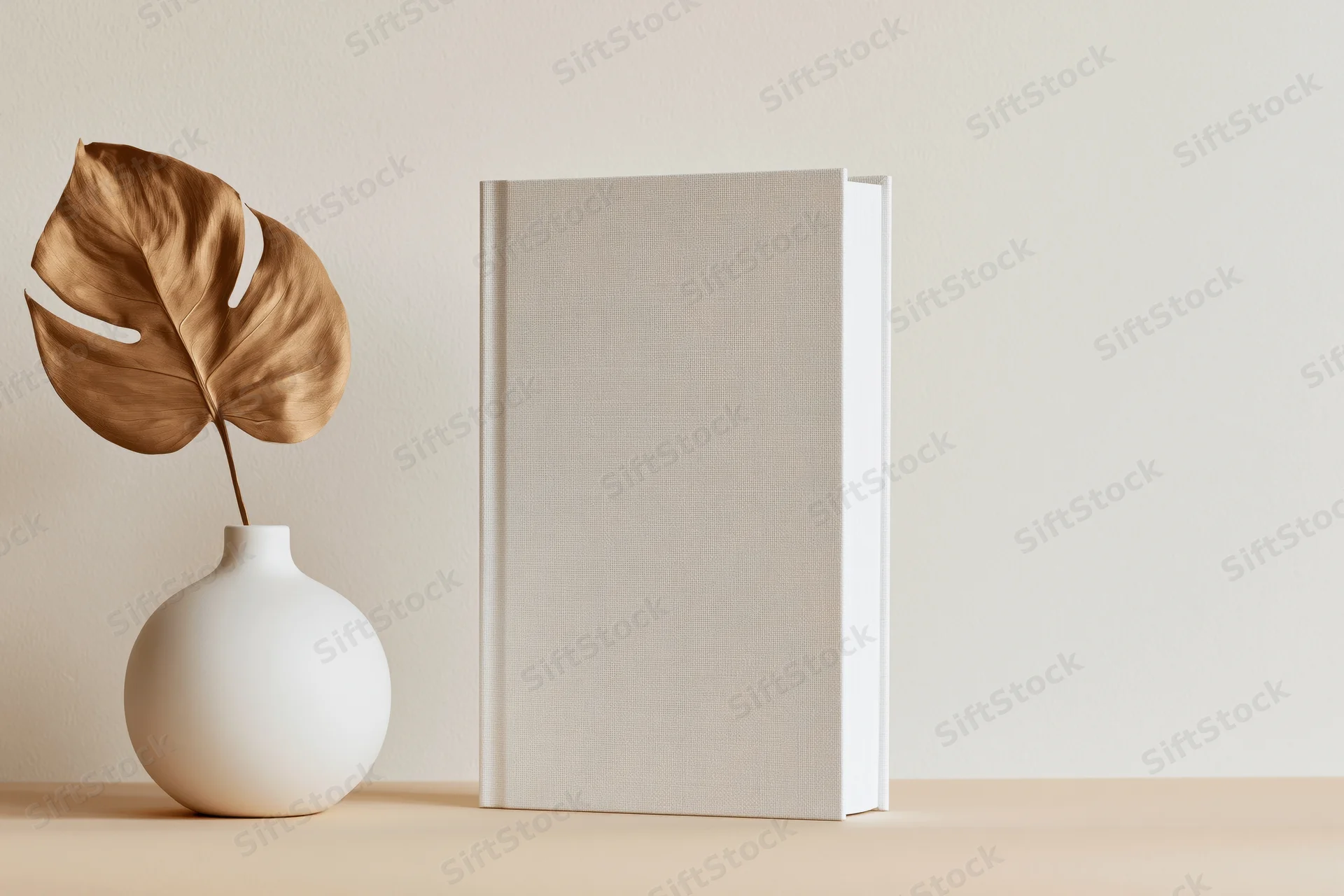 Blank white hardcover book standing upright beside a ceramic vase with a dried monstera leaf on a beige table