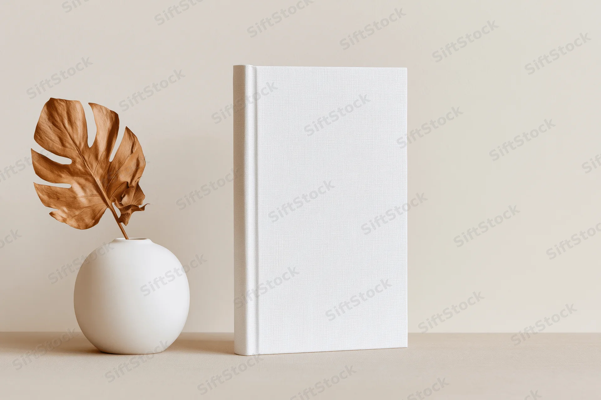 Blank white hardcover book standing upright beside a white vase with a dried monstera leaf on a beige surface