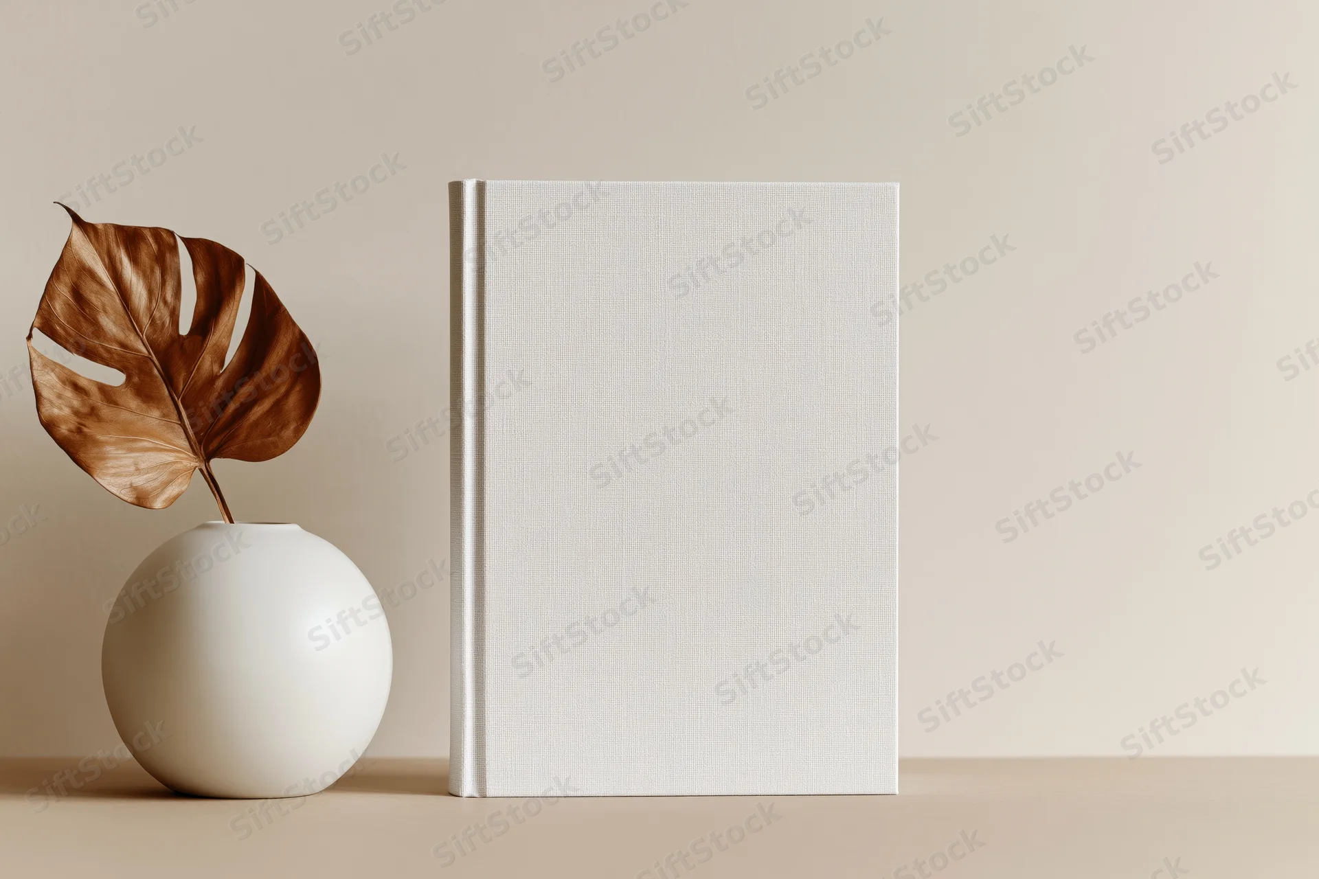 Blank white hardcover book standing upright beside a white spherical vase with a dried monstera leaf on a beige surface