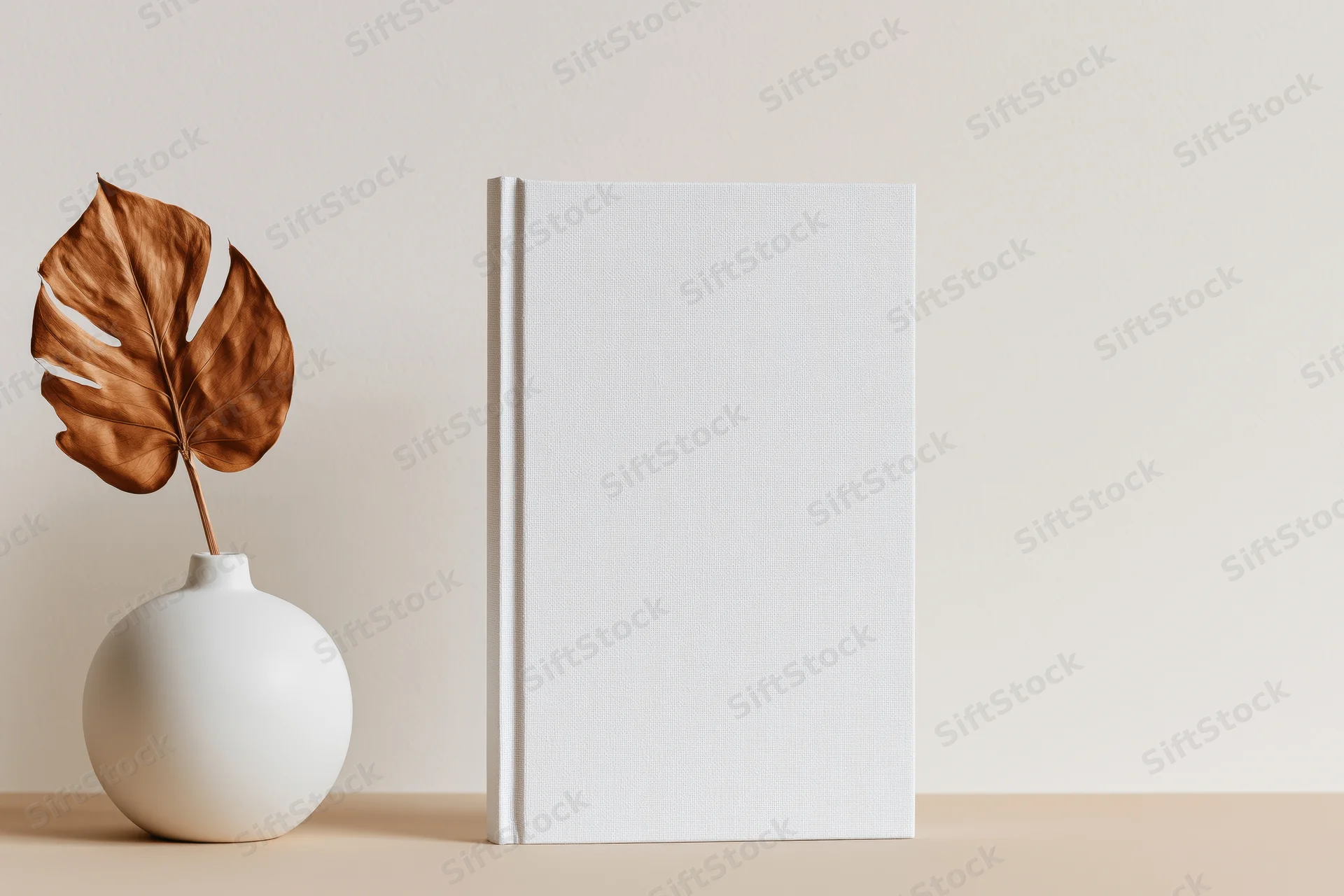 Blank white hardcover book standing upright beside a white vase with a dried monstera leaf on a beige surface