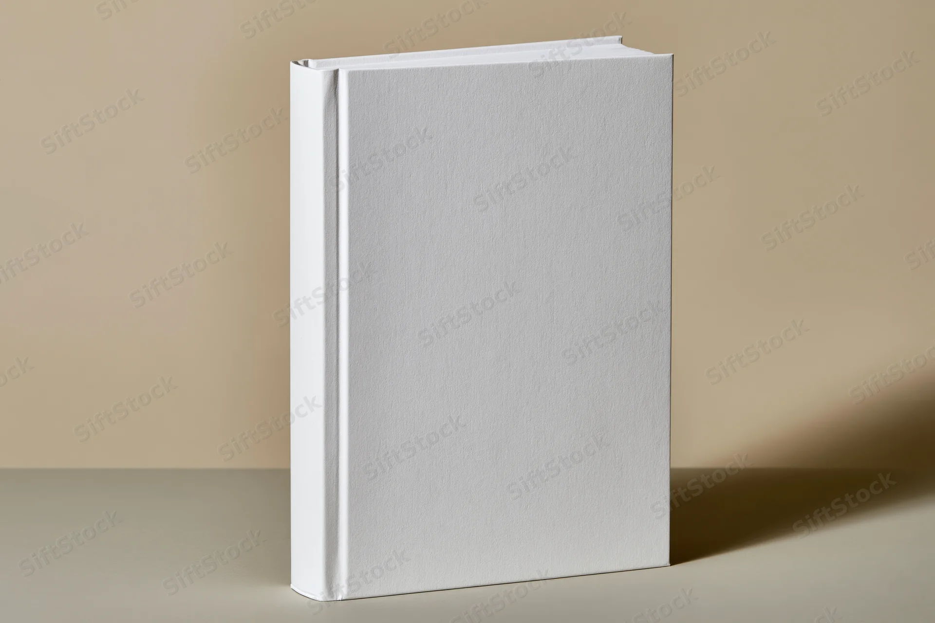 Blank white hardcover book standing upright on a smooth beige surface