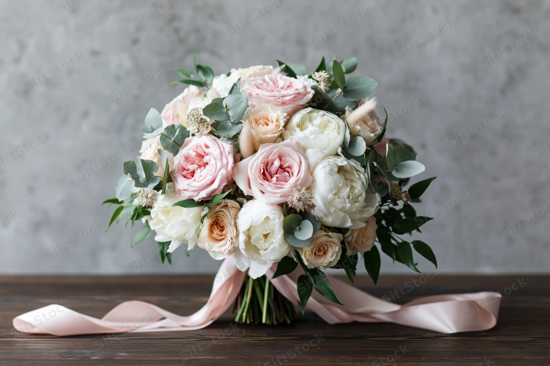 Bridal bouquet of blush pink garden roses and white peonies with greenery and ribbon on wooden table