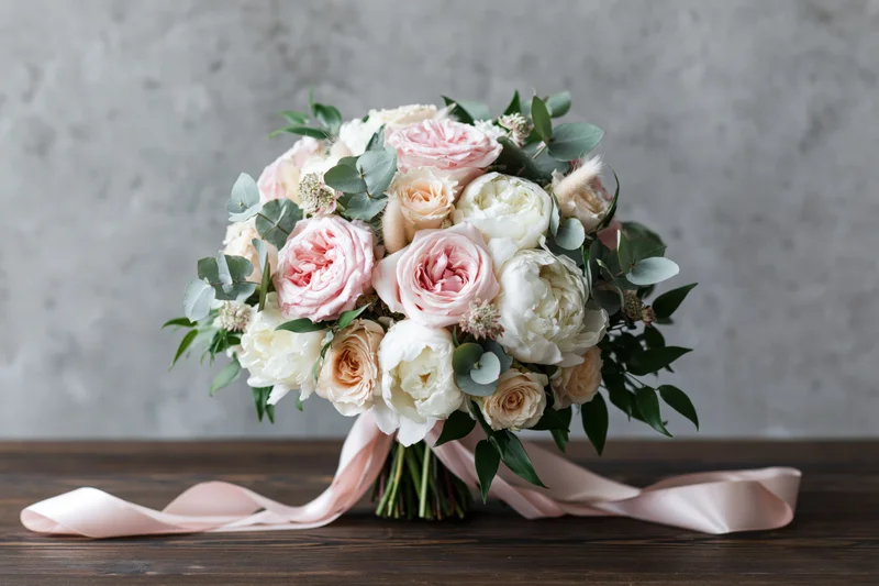 Bridal bouquet of blush pink garden roses and white peonies with greenery and ribbon on wooden table