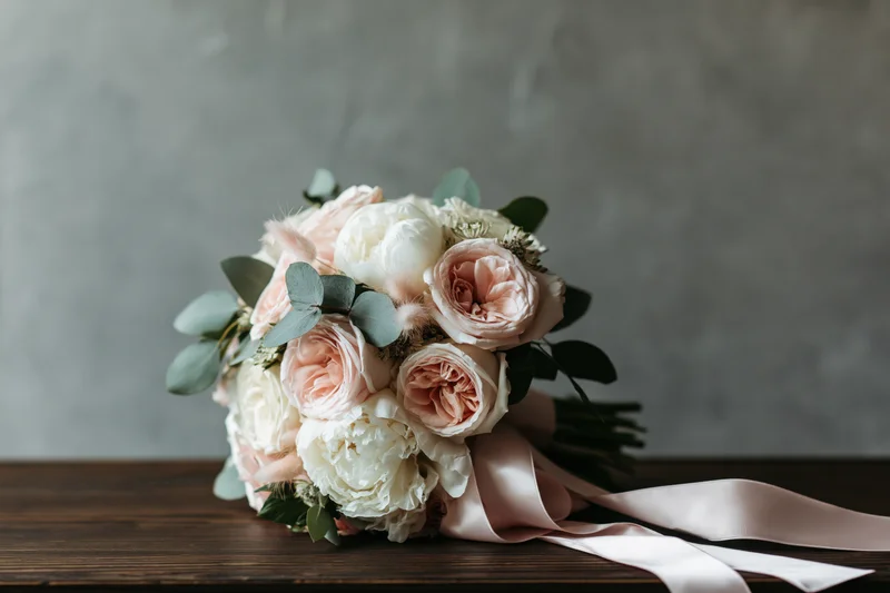 Bridal bouquet of blush pink garden roses and white peonies with eucalyptus and silk ribbon on wooden table