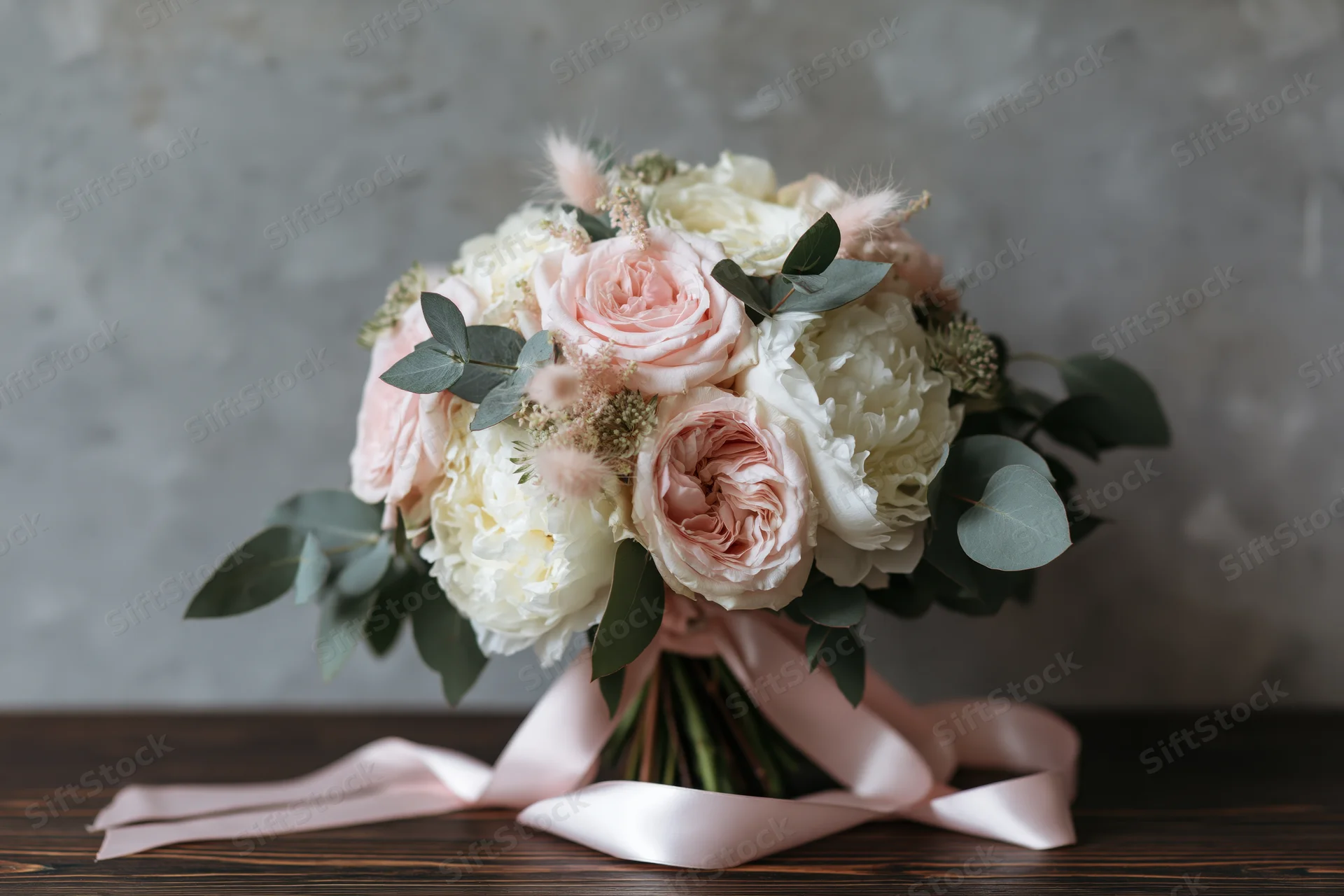 Bridal bouquet of blush pink garden roses and white peonies with eucalyptus and satin ribbon on dark wooden table