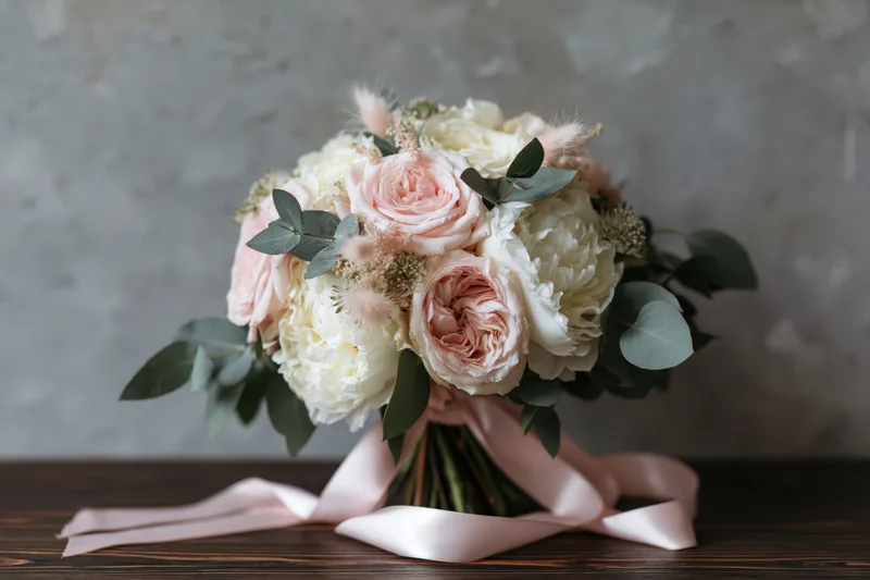Bridal bouquet of blush pink garden roses and white peonies with eucalyptus and satin ribbon on dark wooden table