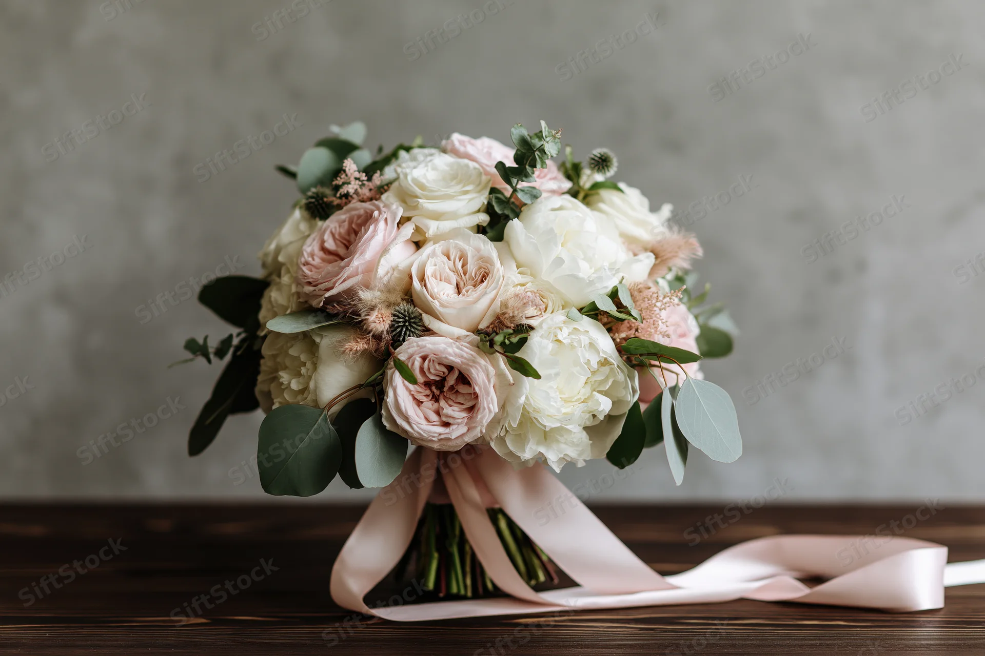 Bridal bouquet of blush pink garden roses and white peonies with greenery and ribbon on wooden surface