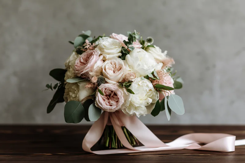Bridal bouquet of blush pink garden roses and white peonies with greenery and ribbon on wooden surface