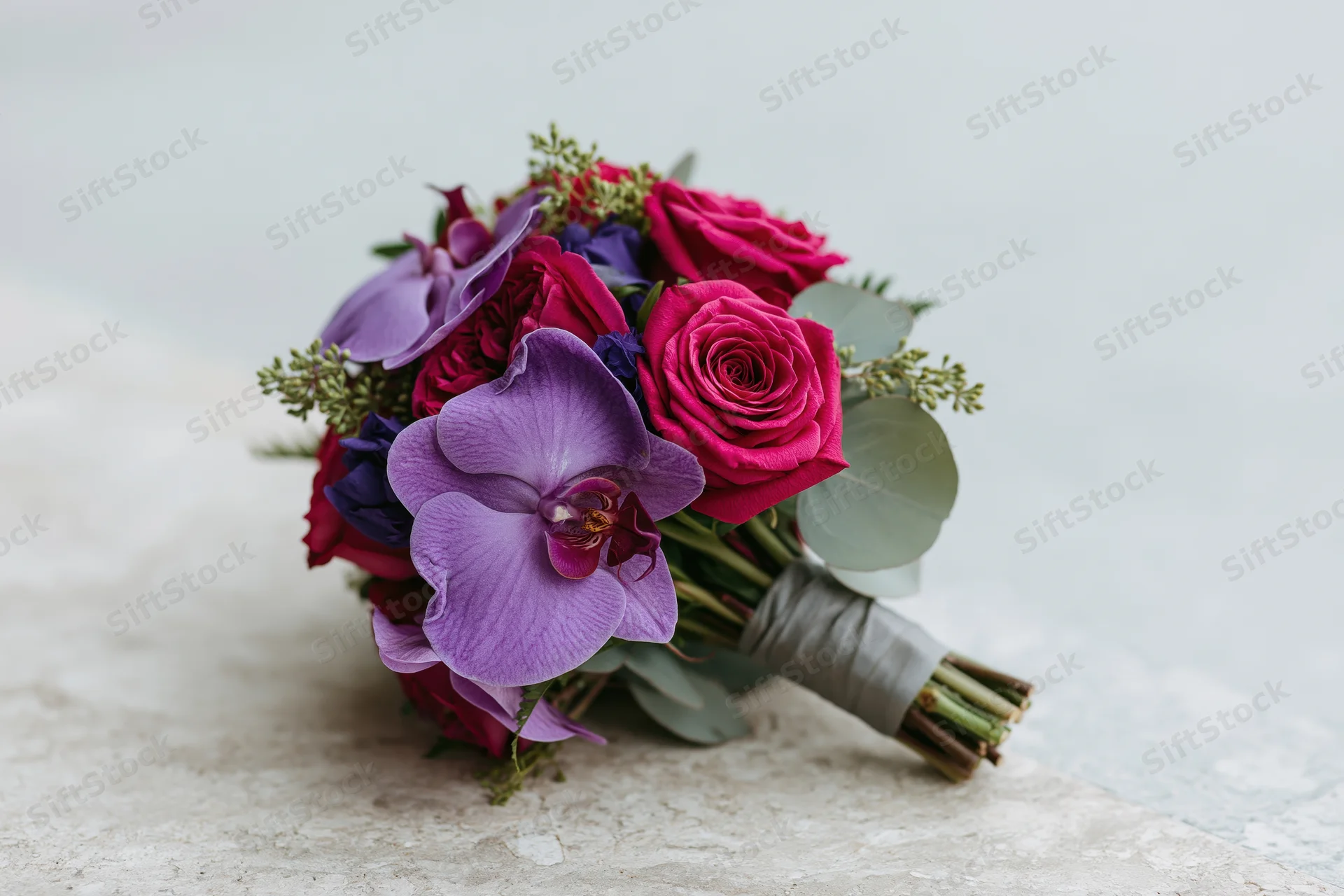 Bridal bouquet of hot pink roses and purple orchids with greenery on a textured surface