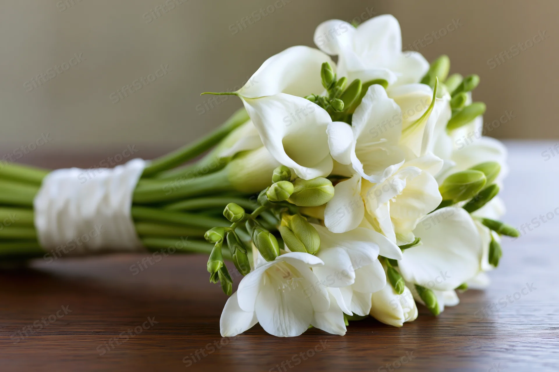 Bridal bouquet of white calla lilies and freesias with green stems wrapped in ribbon resting on wooden table