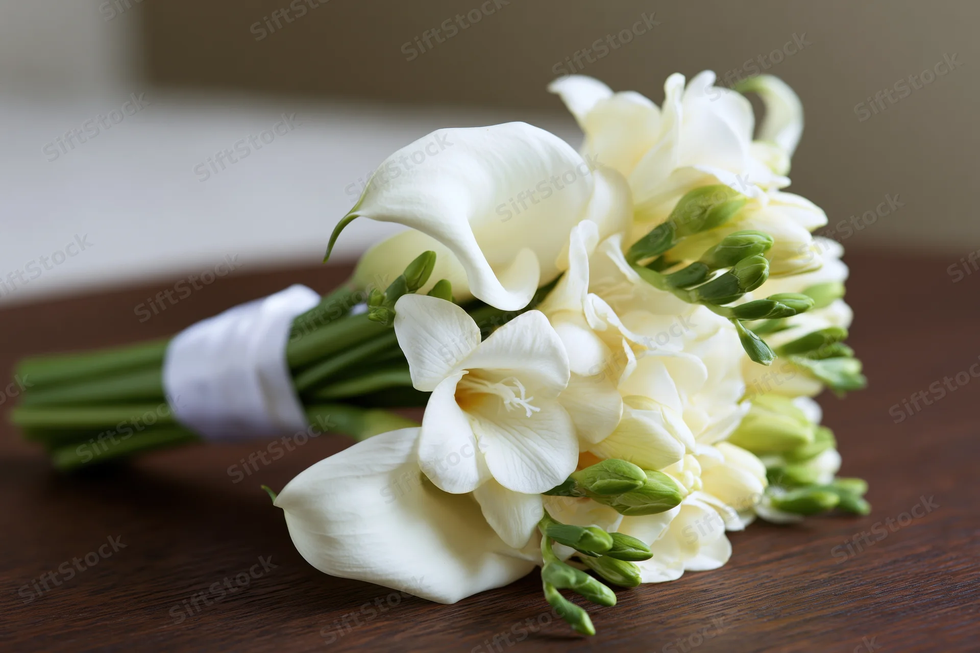 Bridal bouquet of white calla lilies and freesias arranged on a wooden table