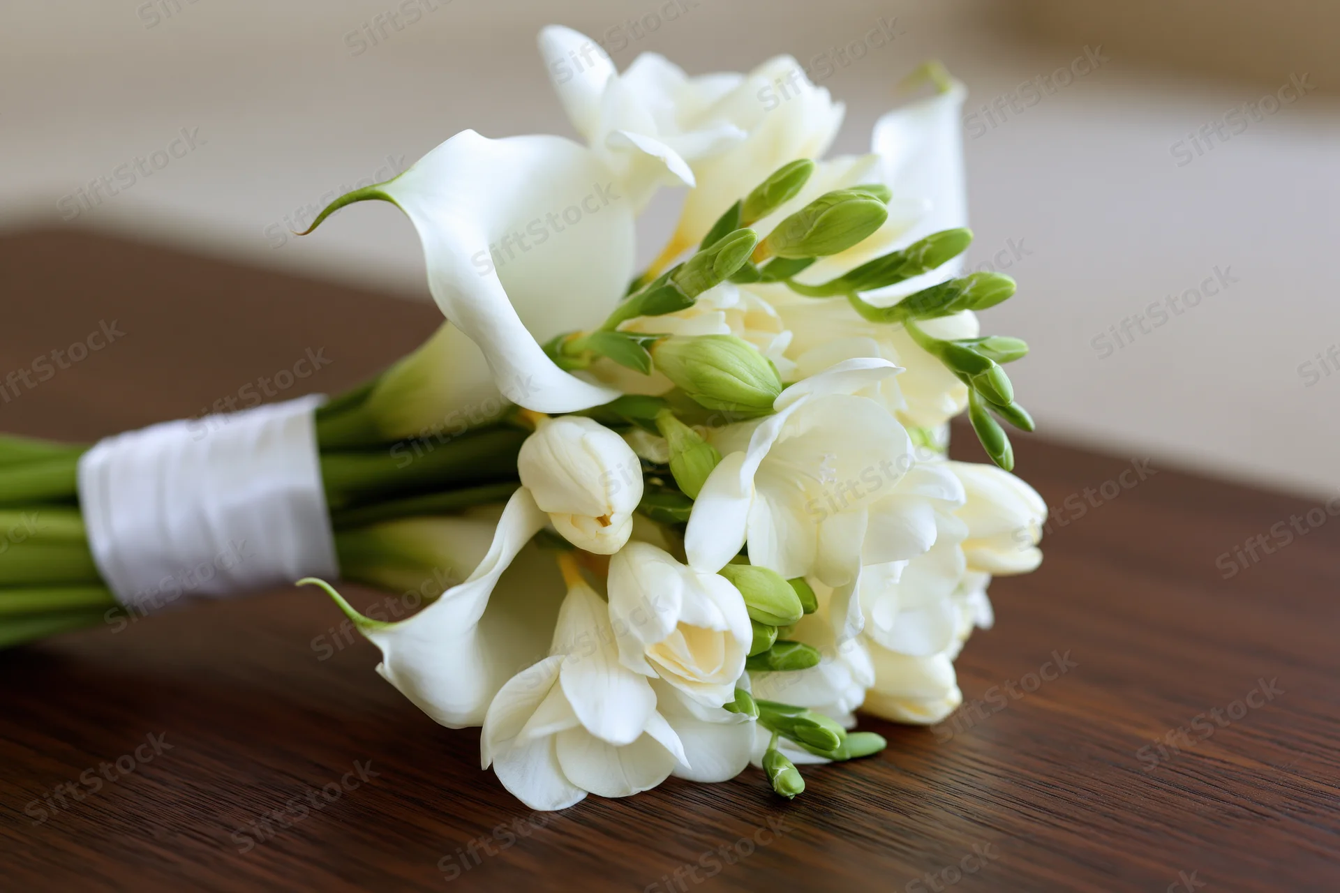 Bridal bouquet of white calla lilies and freesias arranged on a wooden table