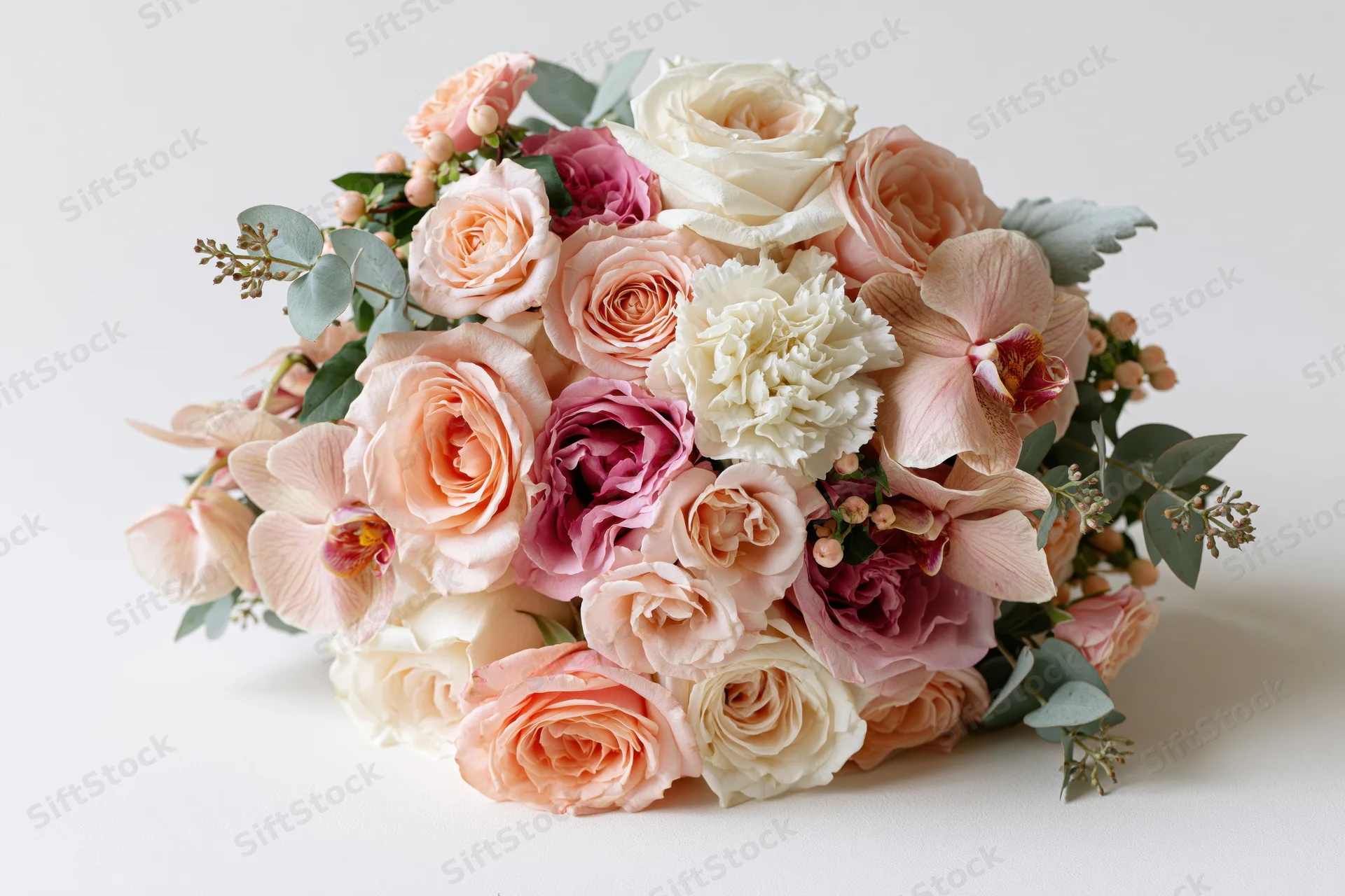 Bridal bouquet arranged with roses, orchids and eucalyptus on white surface