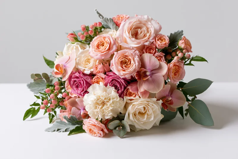 Bridal bouquet arranged with roses, orchids and greenery resting on white surface