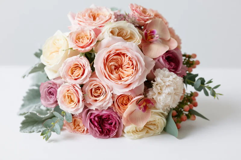 Bridal bouquet with roses and greenery resting on white surface