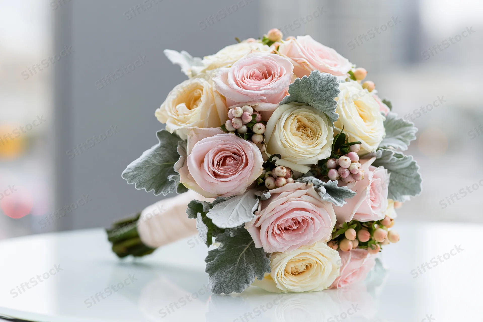 Bridal bouquet of pink and white roses with silver foliage resting on a white glossy surface