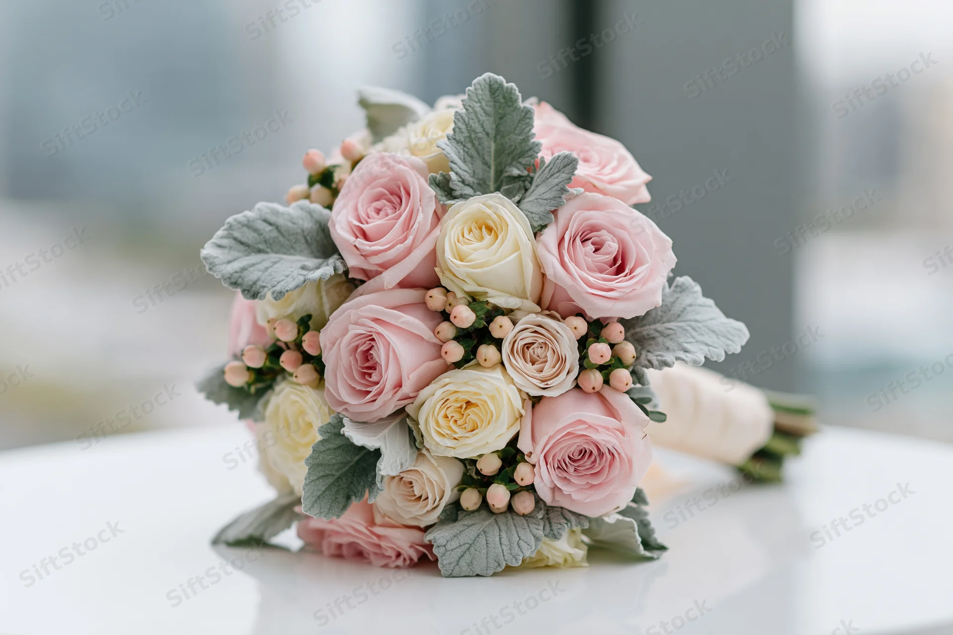 Bridal bouquet with pink and white roses and lamb's ear leaves resting on white glossy surface