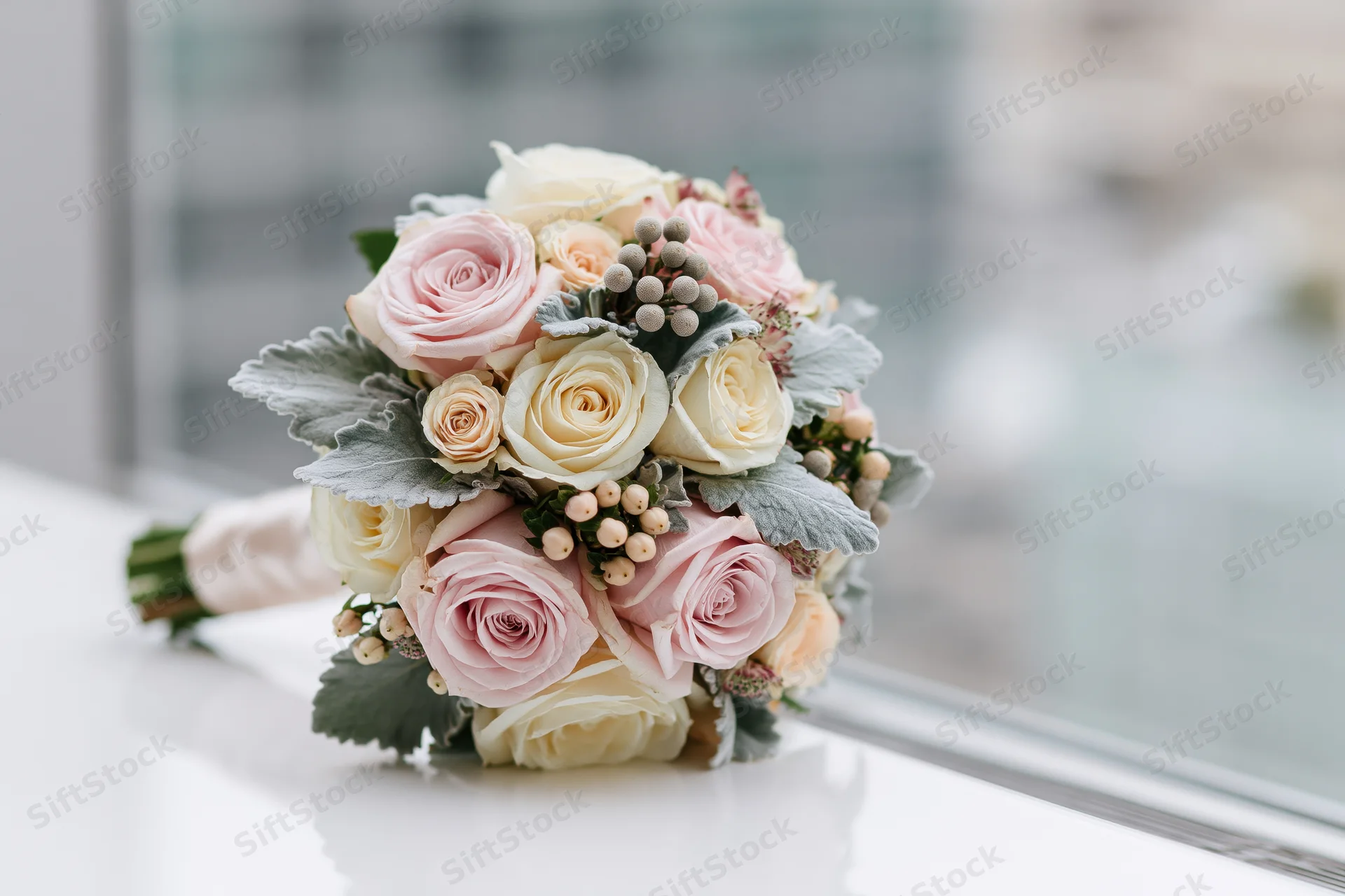 Bridal bouquet with pink and white roses and greenery resting on white glossy surface near window