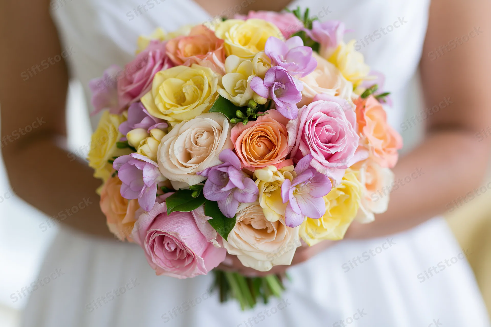 Bride holding a round bouquet of pink, yellow, and peach roses with purple flowers