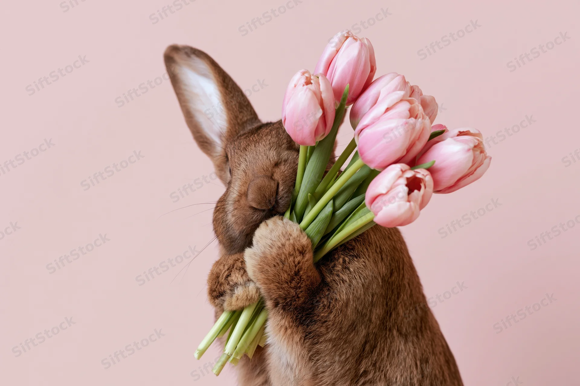 Brown rabbit holding a bouquet of pink tulips with green stems against a pastel pink background