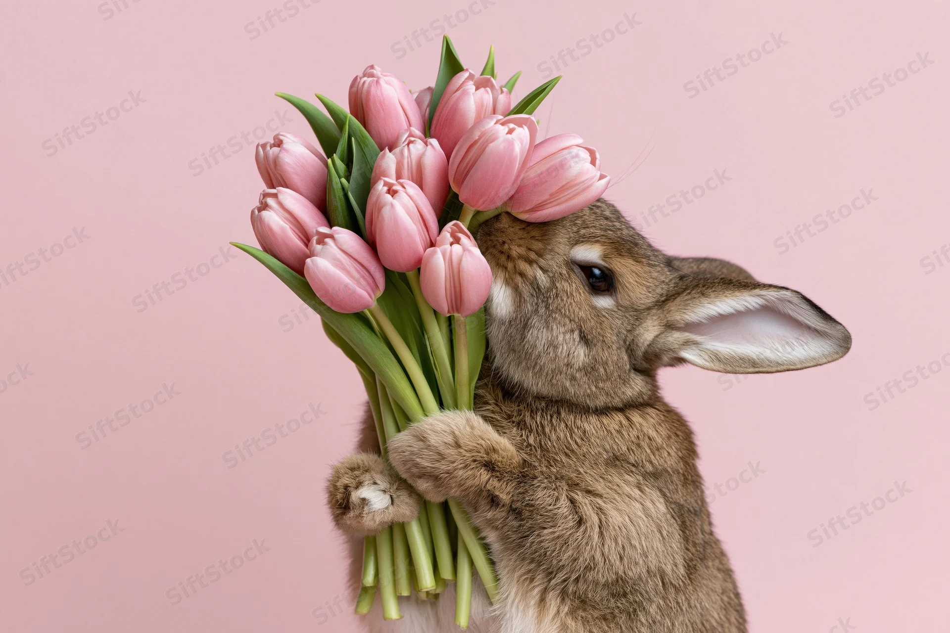 Brown rabbit holding a bouquet of pink tulips with green stems against a pink background