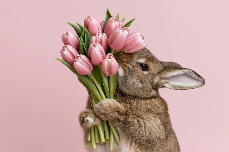 Brown rabbit holding a bouquet of pink tulips with green stems against a pink background