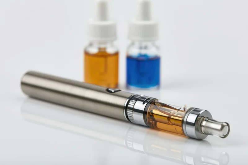 Brushed metal vape pen lying on its side with clear tank and amber liquid, on white reflective surface with two e-liquid bottles in background