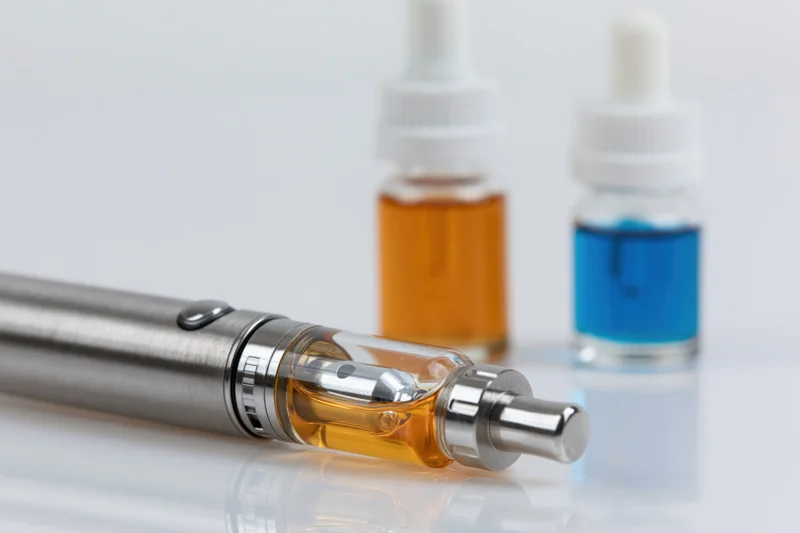 Brushed metal vape pen lying on its side with clear tank and amber liquid, beside two small bottles of e-liquid on a white reflective surface