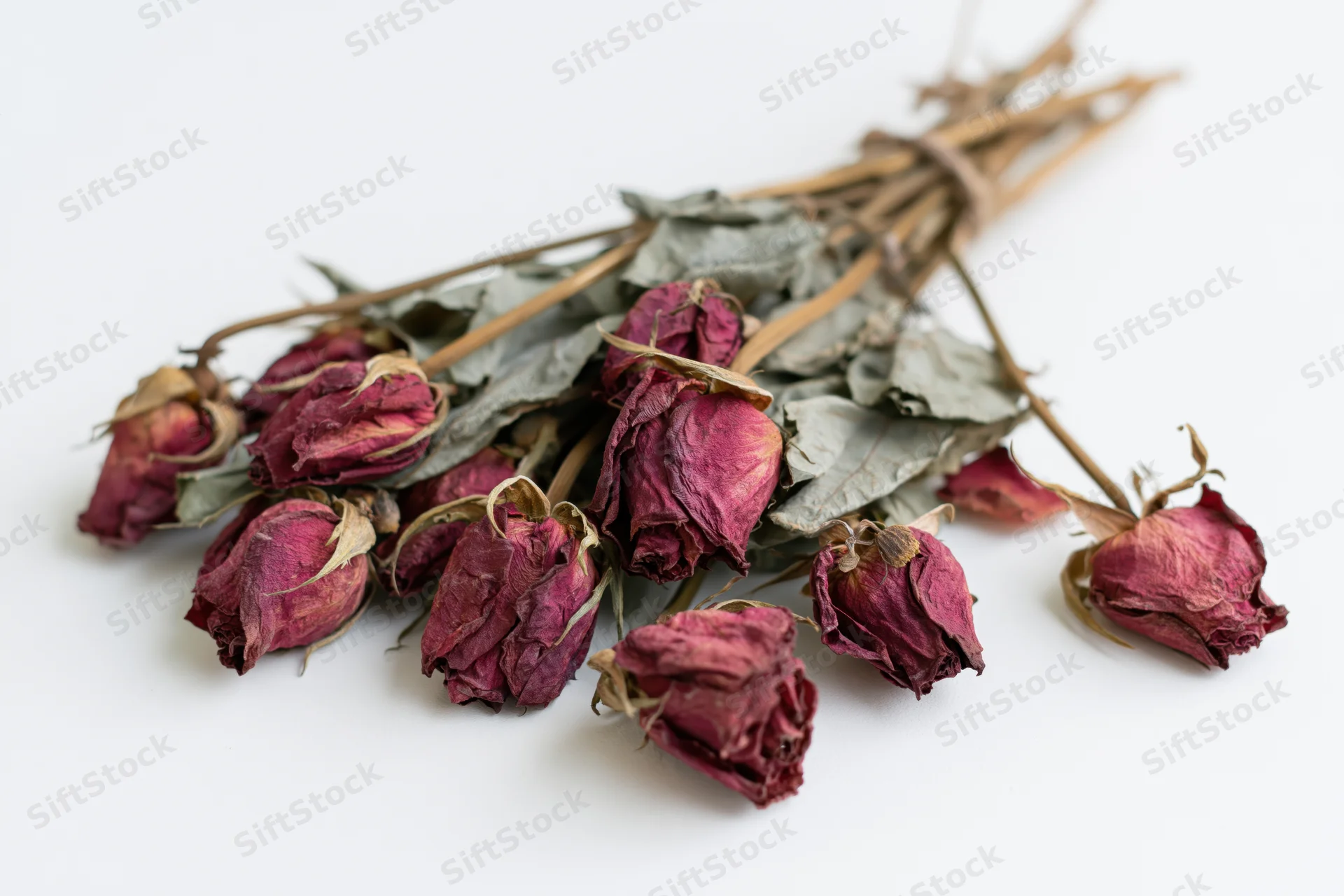 Dried roses arranged in a bouquet lying flat on a white surface