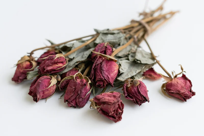 Dried roses arranged in a bouquet lying flat on a white surface