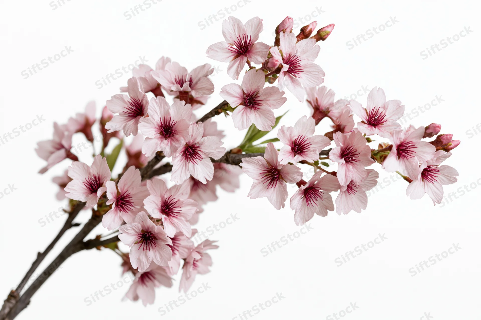 Cherry blossom branch with clusters of open pale pink flowers against white background