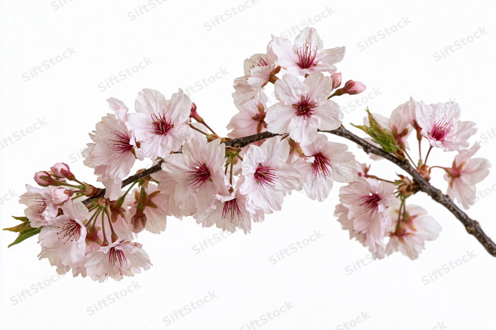 Cherry blossom branch with clusters of open pale pink flowers against white background