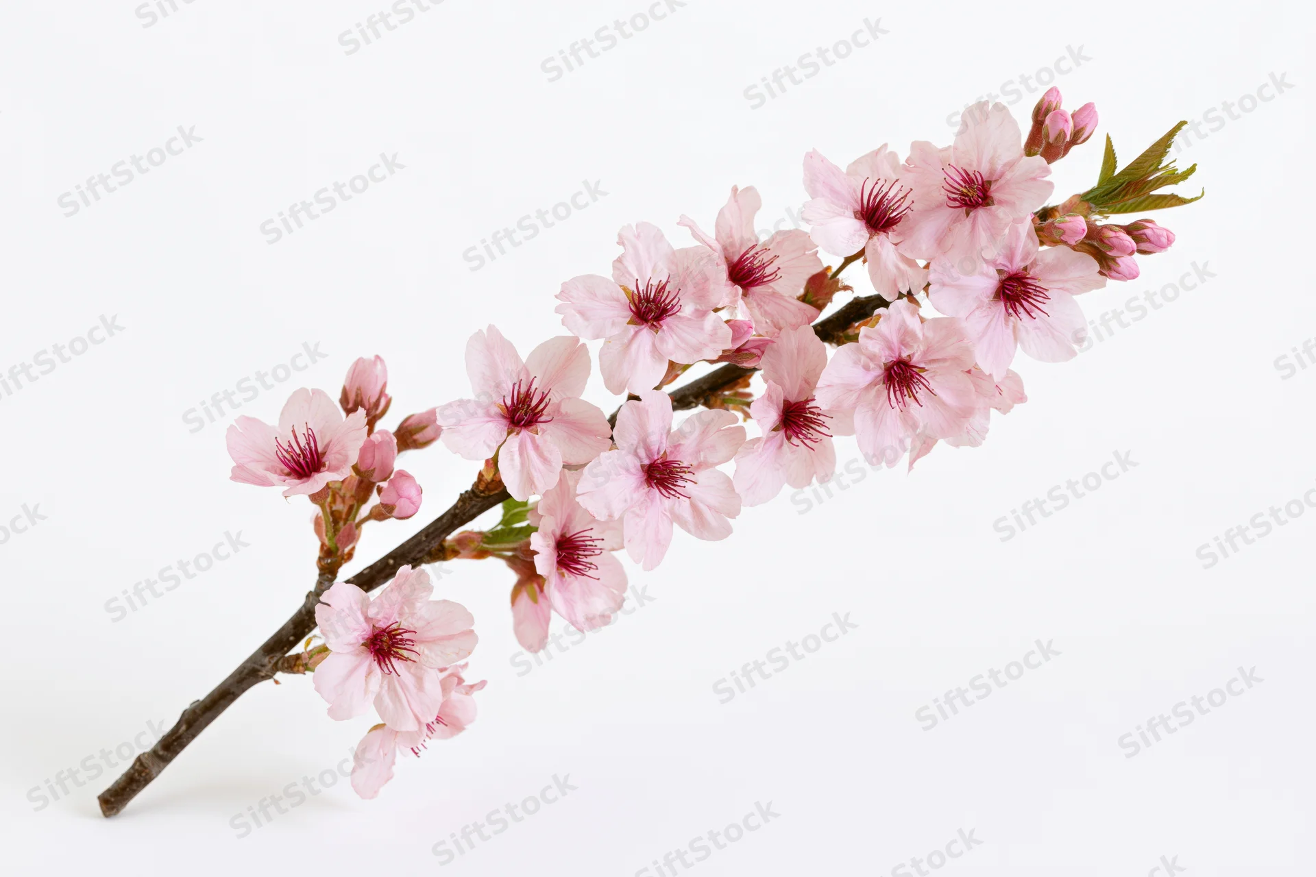 Cherry blossom branch with open pink flowers and buds on white background