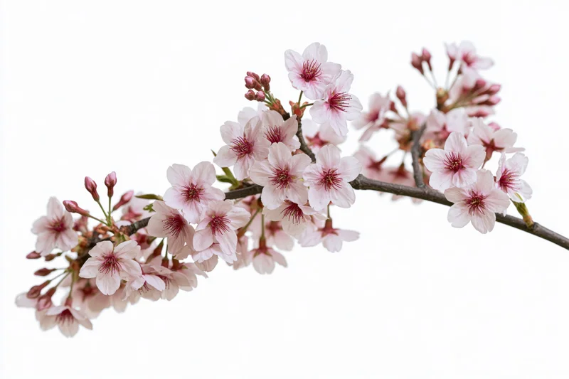 Cherry blossom branch with clusters of open pale pink flowers isolated on white background
