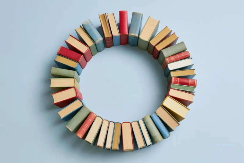 Old hardcover books arranged in a circle on a flat surface