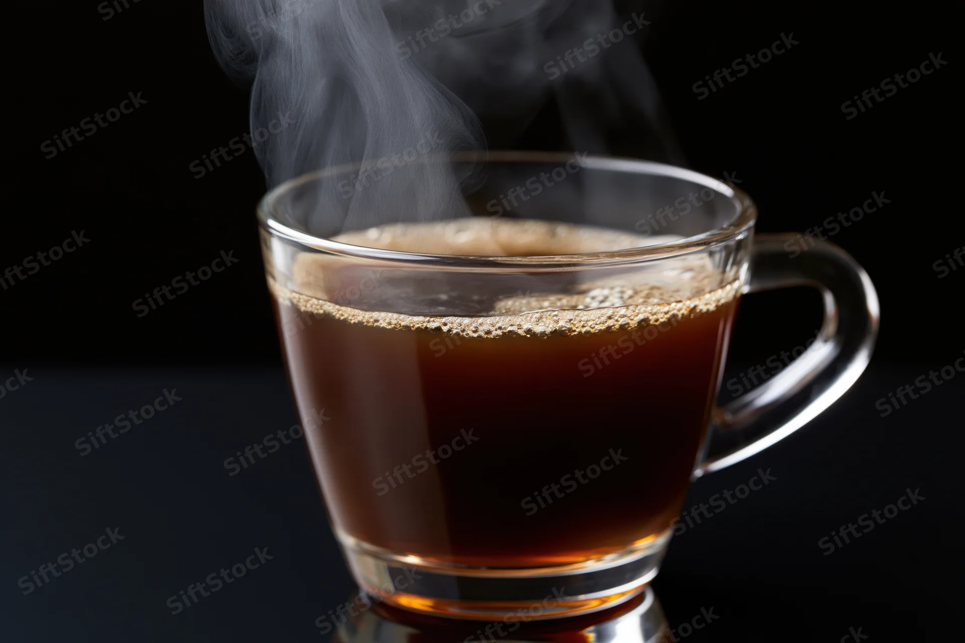 Hot black coffee steaming in a clear glass cup on a dark surface