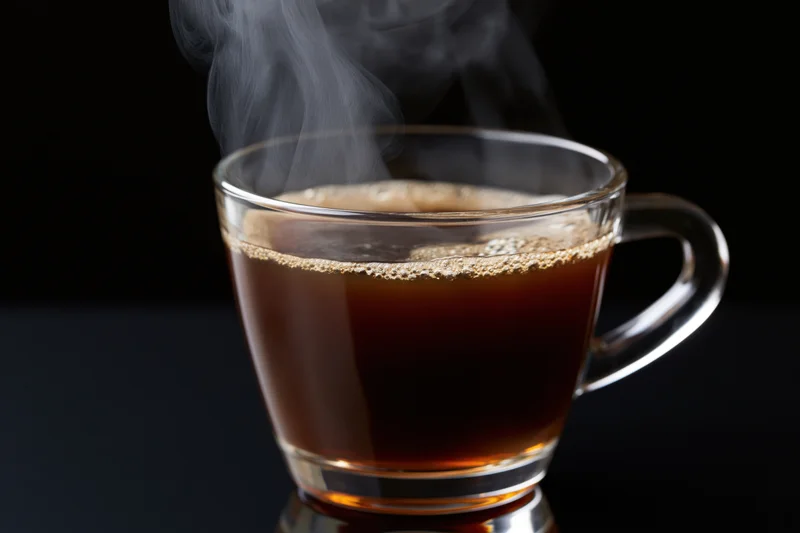 Hot black coffee steaming in a clear glass cup on a dark surface