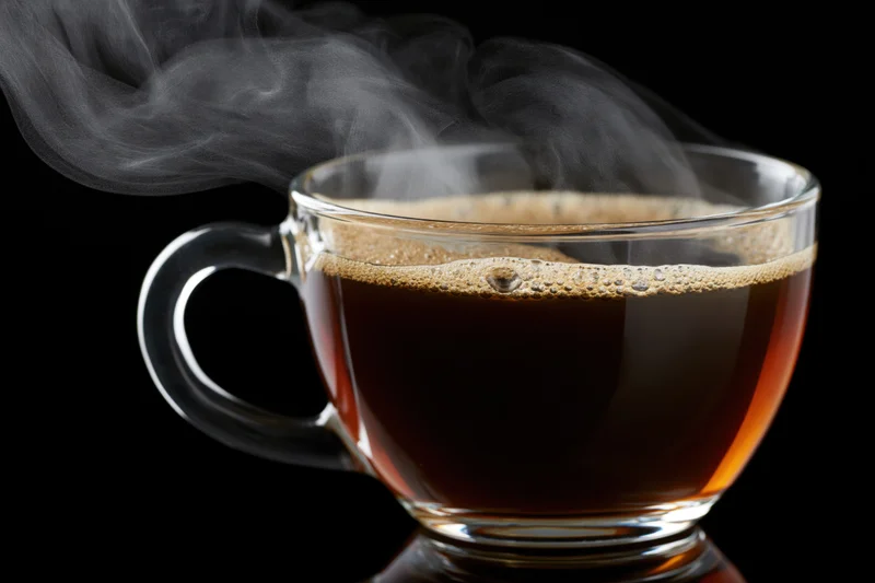 Hot black coffee steaming in a clear glass cup on a dark surface