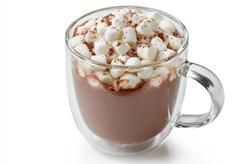 Clear glass double-wall mug filled with hot chocolate topped with marshmallows and cocoa powder on white background