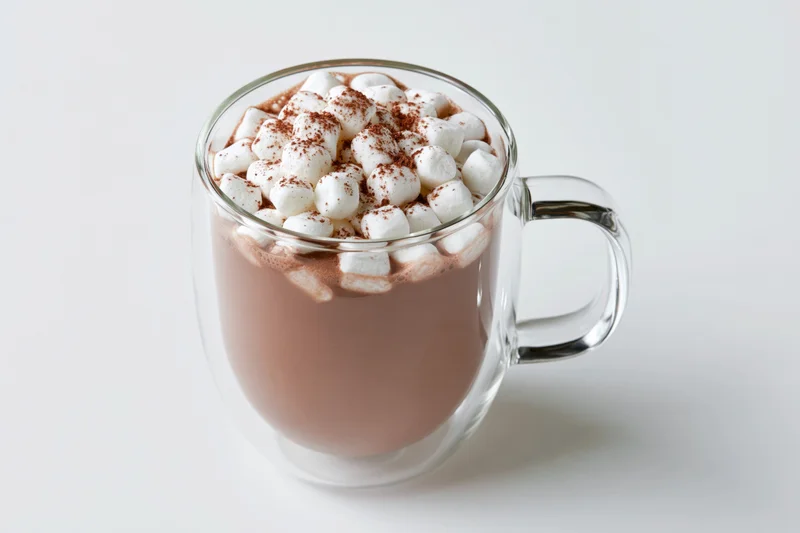 Clear glass double-wall mug filled with hot chocolate topped with marshmallows and cinnamon sprinkles on white background