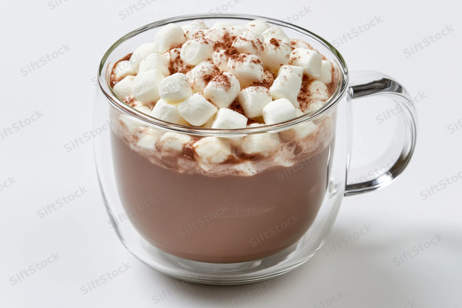 Clear glass double-wall mug filled with hot chocolate topped with marshmallows and cocoa powder on white background