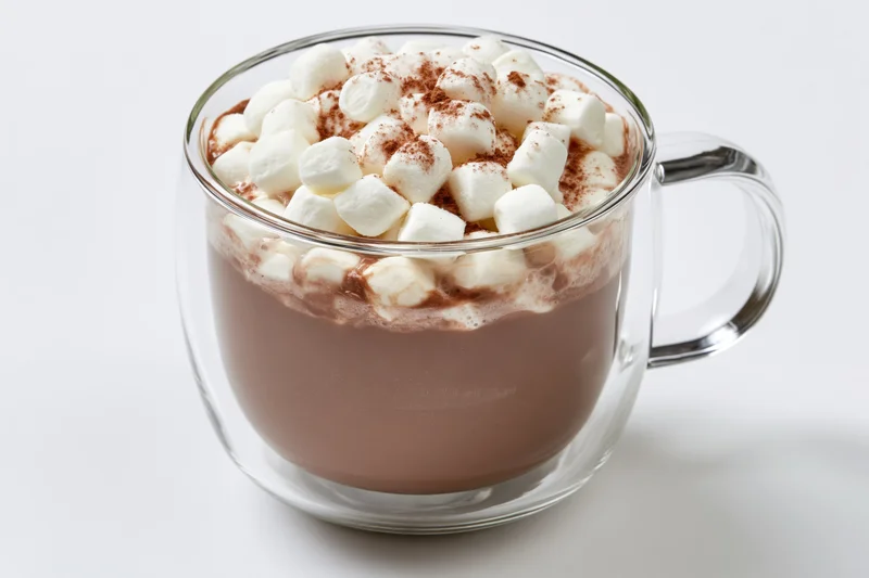 Clear glass double-wall mug filled with hot chocolate topped with marshmallows and cocoa powder on white background