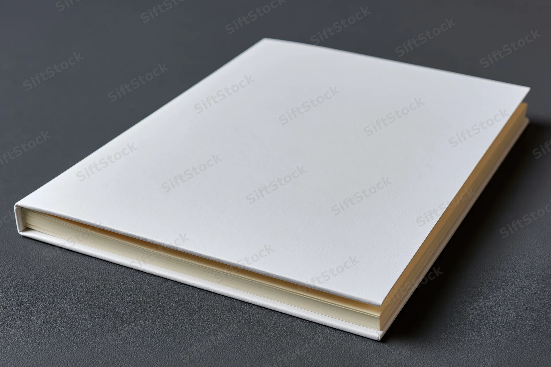 Closed softcover booklet with blank white cover resting on dark surface