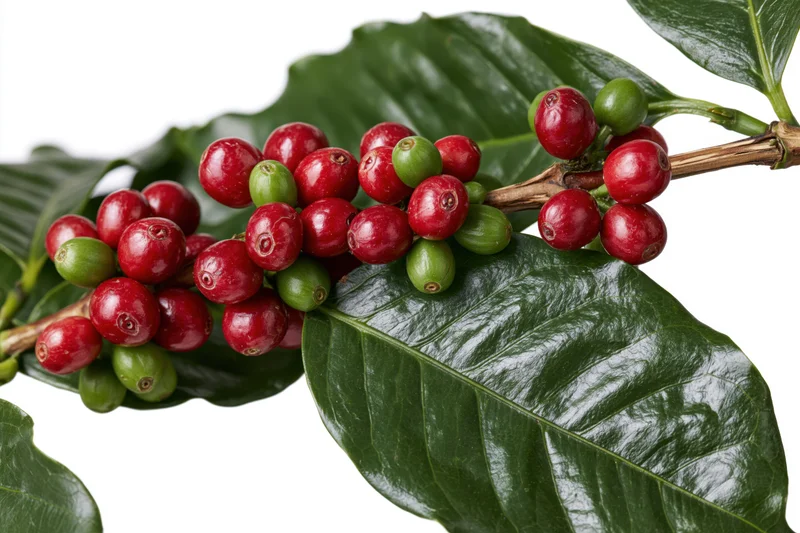 Coffee plant branch with clusters of ripe red and unripe green cherries among dark green leaves on white background