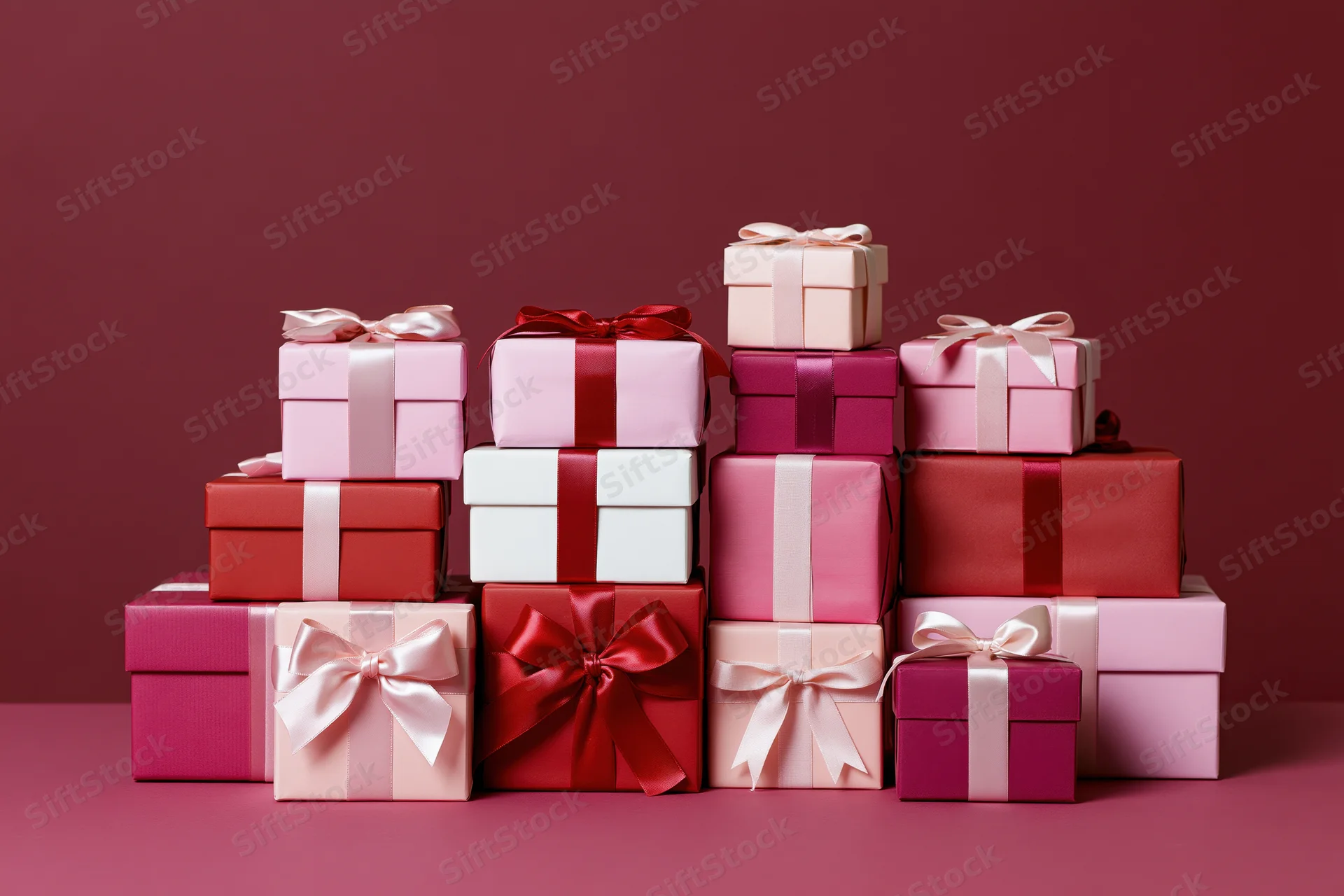 Stacked wrapped gift boxes in pink red and white with ribbons on a solid background