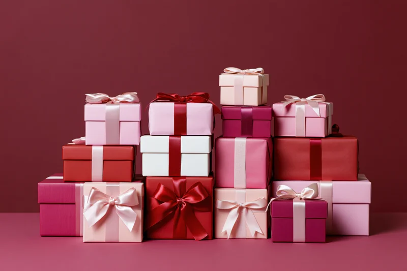Stacked wrapped gift boxes in pink red and white with ribbons on a solid background