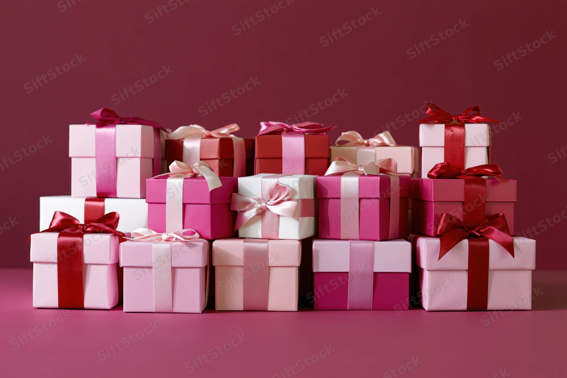 Stacked wrapped gift boxes in pink and red with ribbons on a solid background
